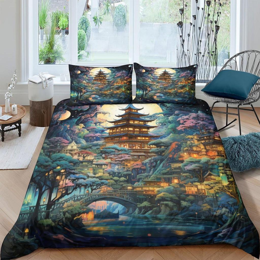 Ancient Chinese Architecture Duvet Cover for Teens Adults Quilt Covers Lightweight Down 2 Pillowcases 1 Duvet Cover No Comforter