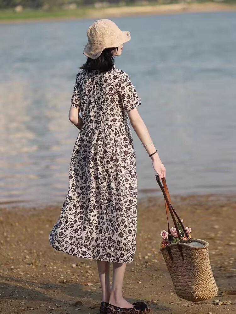 

2025 лето новое платье из хлопка и льна с принтом для женщин, тонкое платье с короткими рукавами и мелким цветочным узором, средней и длинной длины 2XL