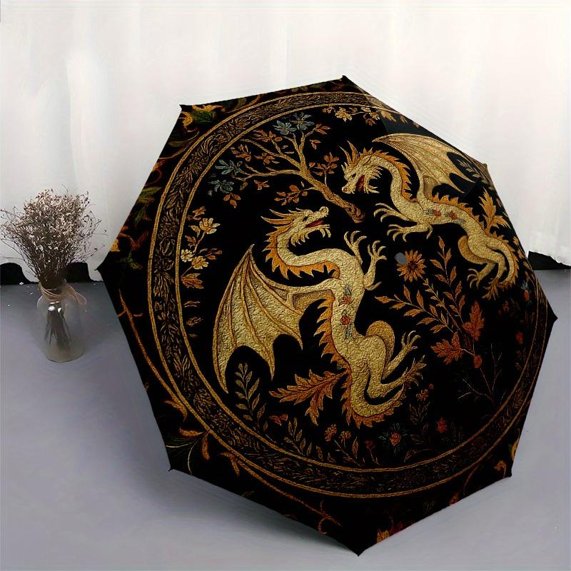 Golden Dragons and Tree of Life CircularRugUmbrella, Portable 3-Fold Compact Umbrella for Men & Women Gift