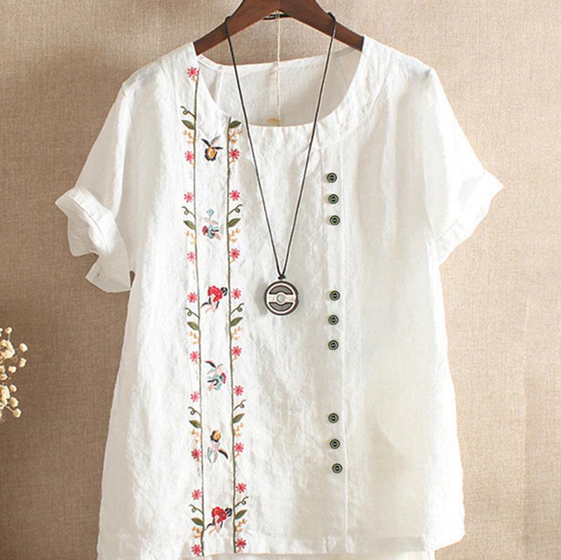 2025 Summer Women's Trendy Embroidered Cotton-Linen Short Sleeve T-Shirt - Korean Fashion