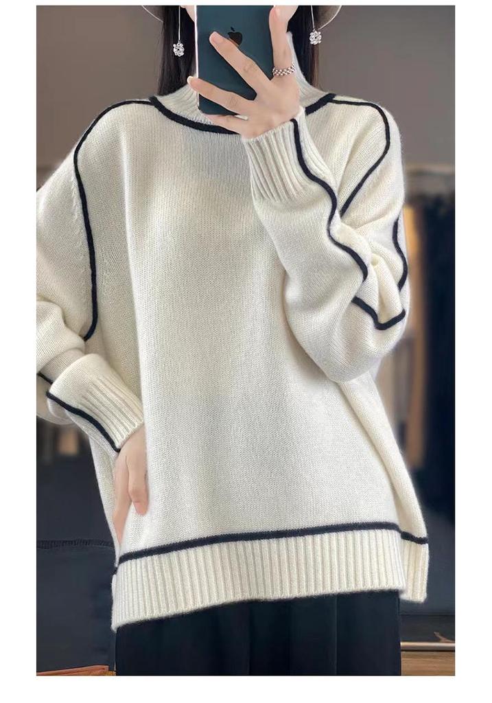 Women's Color Block High Neck Wool Sweater - Thickened Loose Knit Pullover for Autumn & Winter.