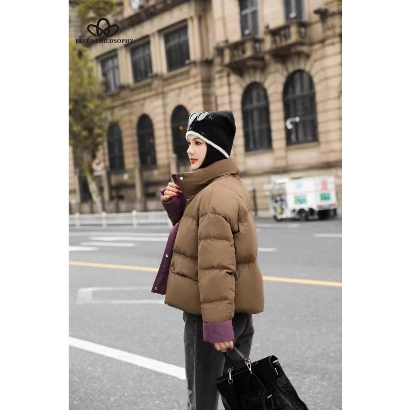 

Контрастный цвет Новая пуховая куртка женская короткая свободная стойка воротник пальто толстая стеганая куртка XL коричневый