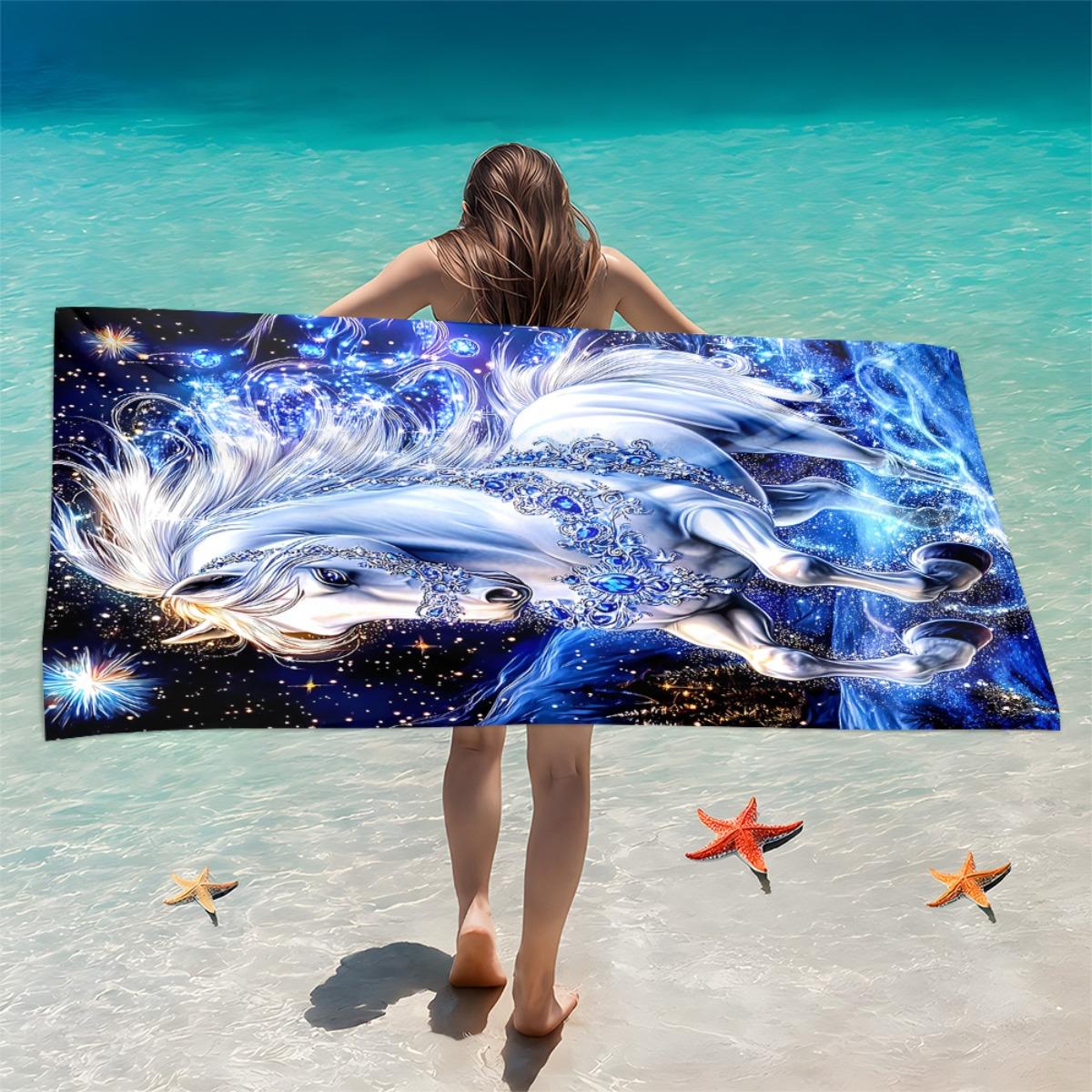 

White Horse Starry Sky Print Beach Towel Polyester Soft Quick Dry Large Bath Towel Summer Swimming Pool Surfing Blanket W40*H60(CM)