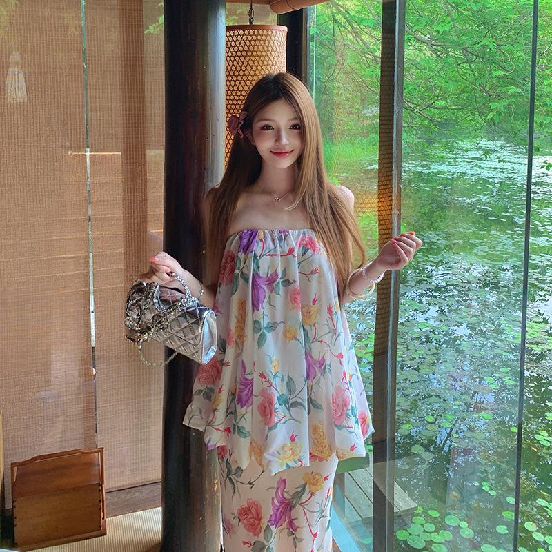 Real Shot Chiffon Retro Floral Tube Top Set Female Summer Gentle Fishtail Skirt Two-piece Dress