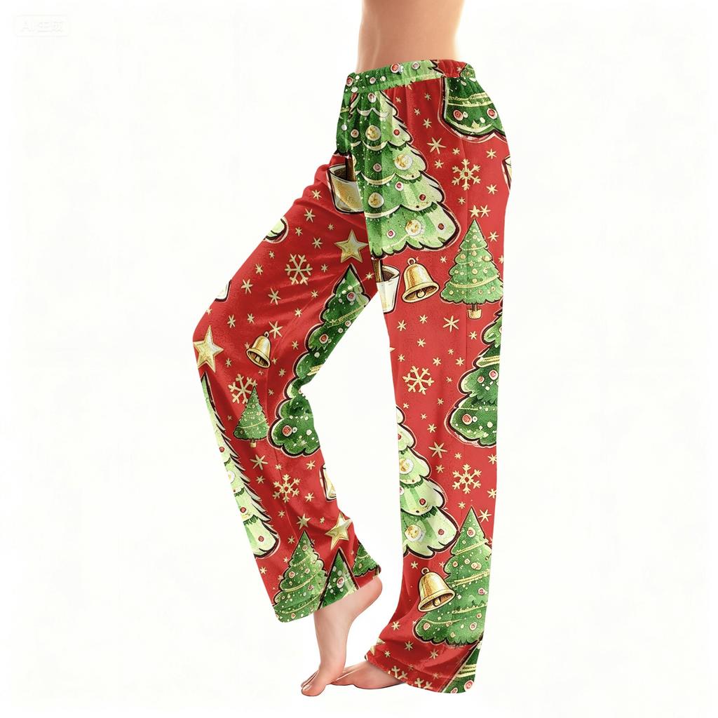 Women's Christmas Plush Pants with Snowflake and Christmas Tree Print, Cozy Sleep Pants for Home