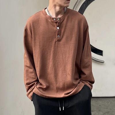 New Men's 2024 Spring and Autumn Patchwork Pullover O-Neck Button Fashion Solid Color Loose Minimalist Casual Long Sleeved Top