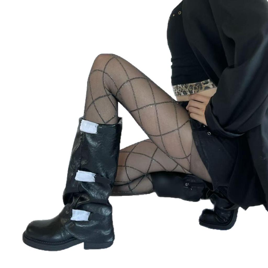 Silver Rhombus Jacquard Silk Stockings for Women - Ultra-Thin, Bling, Milky White, Slimming, Retro Black Base.