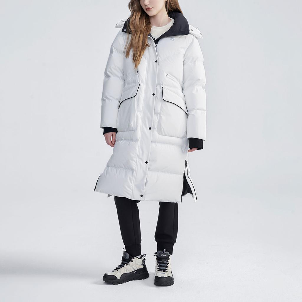 Fila Solid Color Long Hooded Casual Down Jacket Women Outerwear Off-White F11W344912F-WT