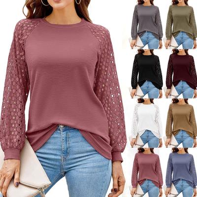 Damen Langarm Top Spitze Patchwork Hemd Britisches T-Shirt