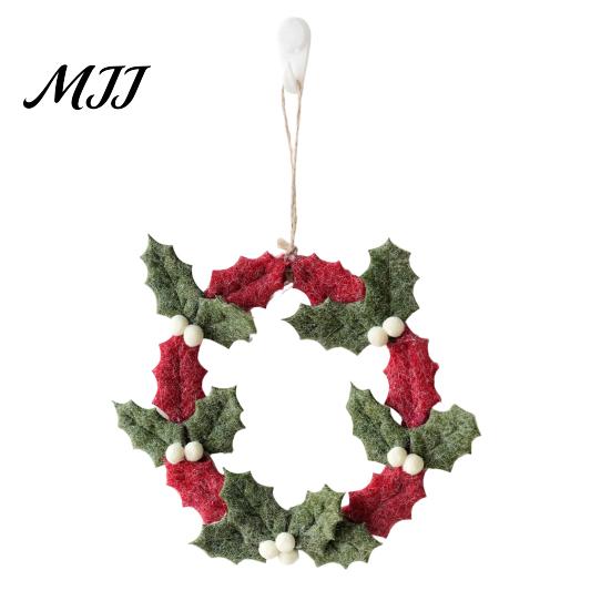 Holiday Wall Hanging Decor 8 Inch Felt Christmas Holly Wreath, Handmade Berry Festival Scene Ornament Wreath for Front Door, Winter Window Reusable