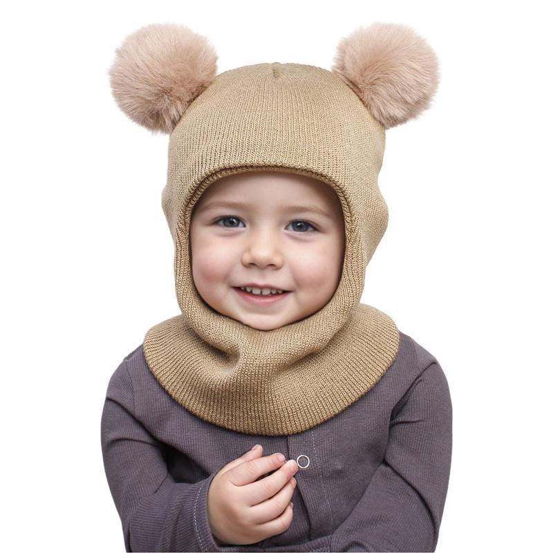 Bommel Baby Wintermütze Schal Einteiler Kinder Strickmütze Warme Ohren Hals Kinder Motorhaube Säuglingsmütze für Mädchen Jungen 1-5 Jahre