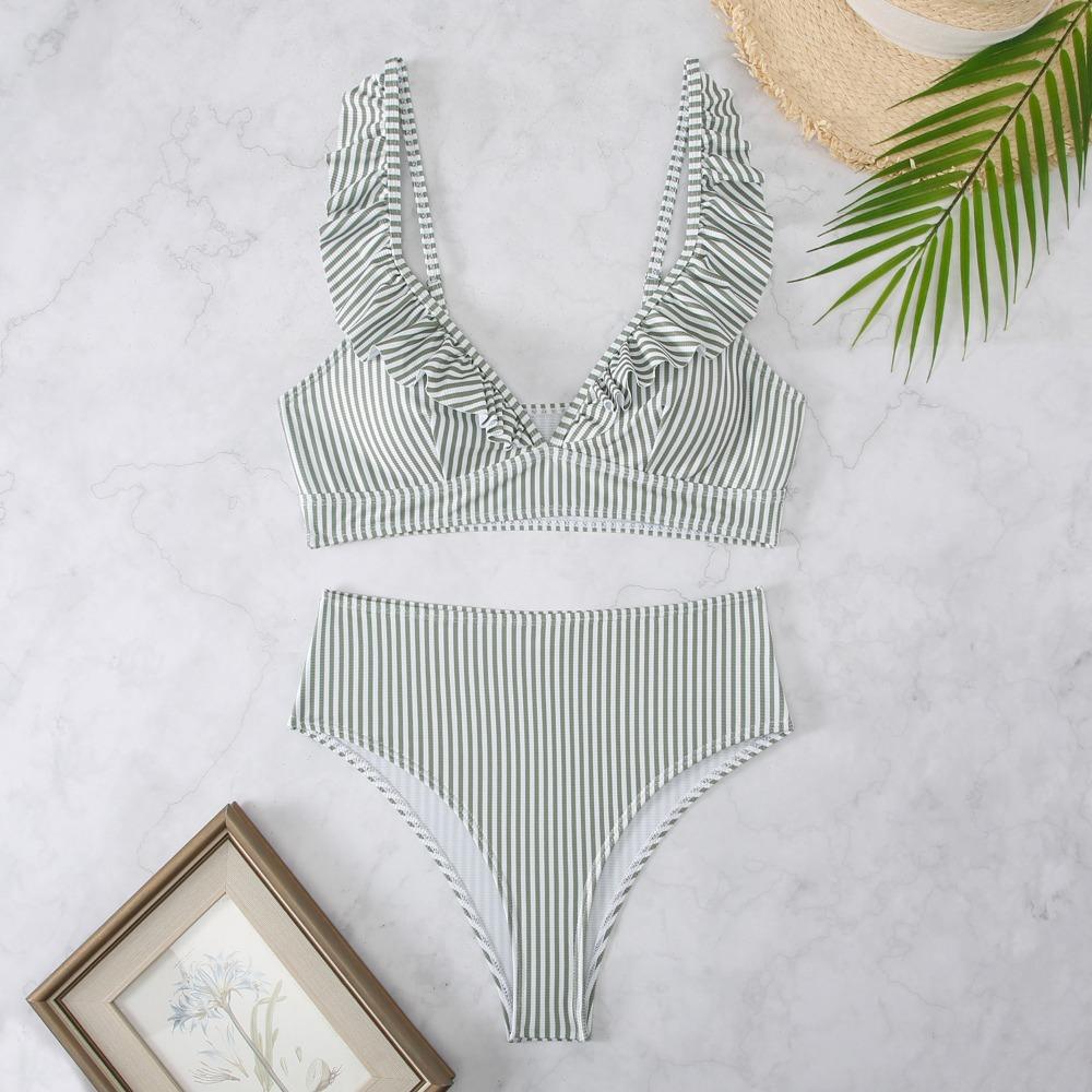 Swimsuit Striped High Waist V-Neck Ruffle Bikini Swimsuit Ladies Bikin