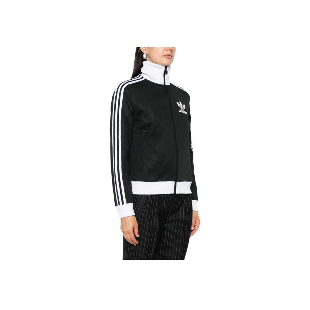 Adidas Classic Series Logo Print Zip-Up Stand Collar Fitted Jacket Women Black IW3174