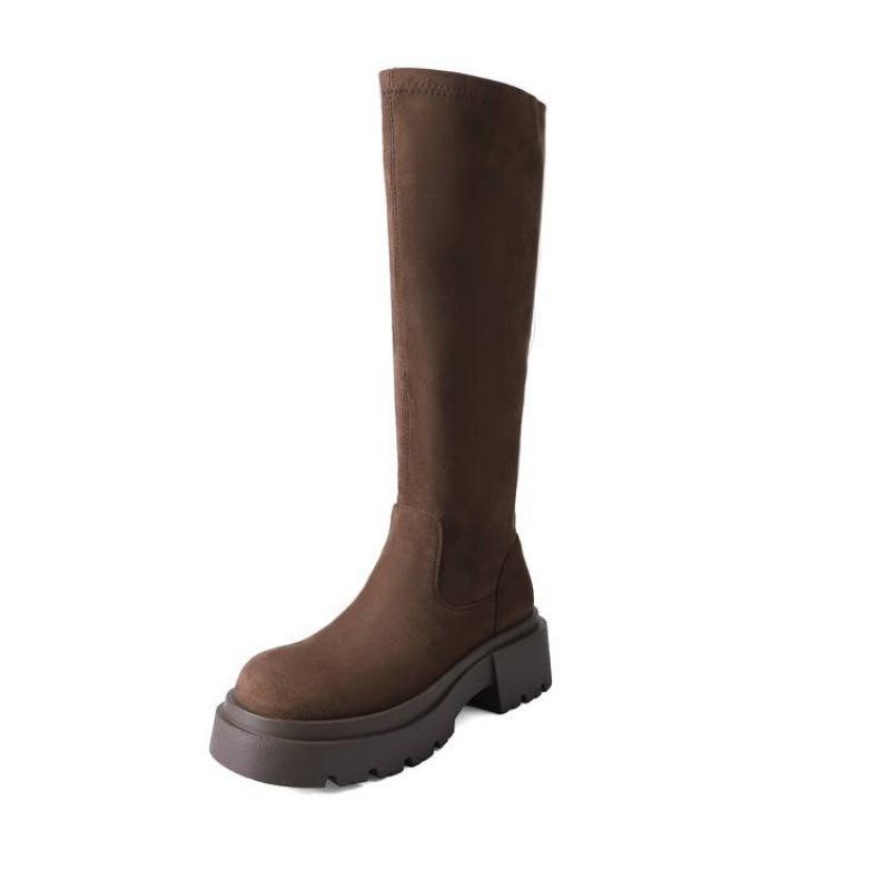 Autumn and winter leather knight boots women's sleeve cowhide large size women's boots solid color non-slip cowhide high heel thick-soled high boots