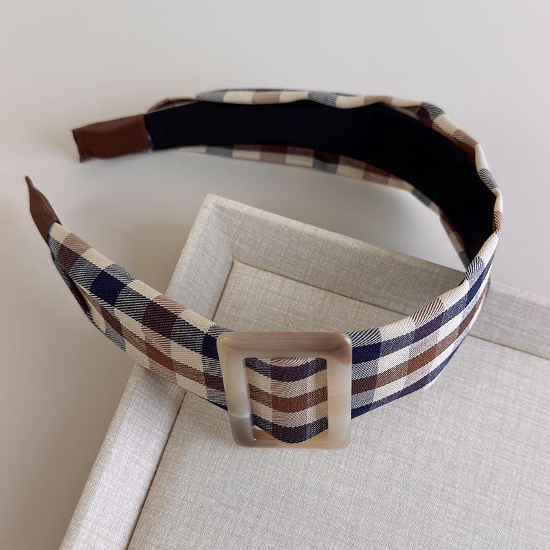 Retro Bruin Geruit Hoofdbanden Veelzijdige Brede Rand Vierkante Knop Haar Hoepel Dames Mode Temperament Haarband Herfst Winter Nieuw gray