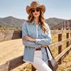 Women's Long Sleeve Denim Jacket with Lapel Collar, Beaded, Cargo Pockets and Hem