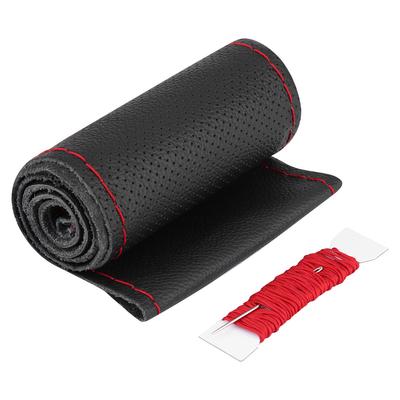 1 Pc 3738cm Car Auto Laser Drilling Cowhide Steering Wheel Cover Universal (Black Red)
