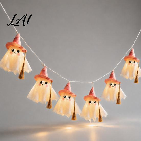 Whimsical Witch Hat Ghost Decor LED String Lights for Halloween Decorations Cute Hanging Gauze Lamps Holiday Room Ornament with Warm White
