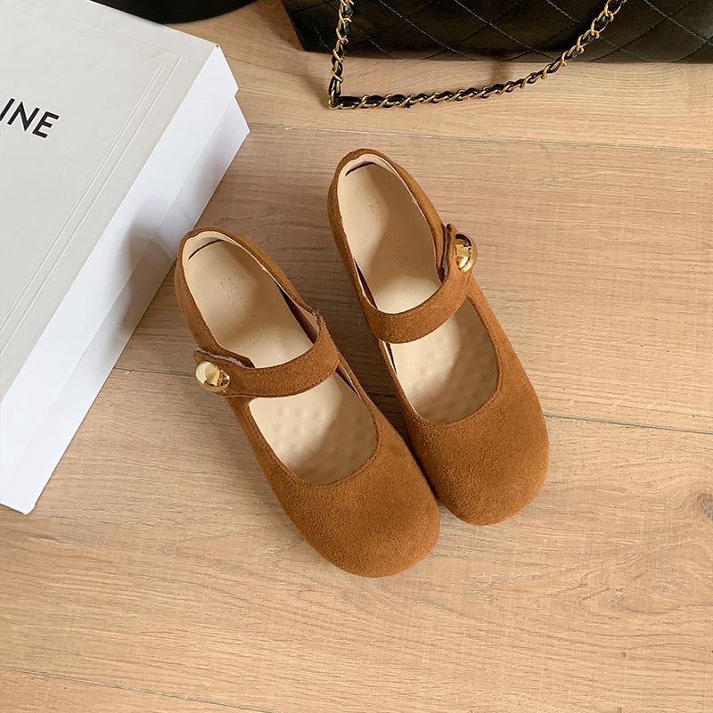 Height-increasing small golden beans thick-heeled single shoes women's autumn new retro versatile suede soft-soled Mary Jane shoes