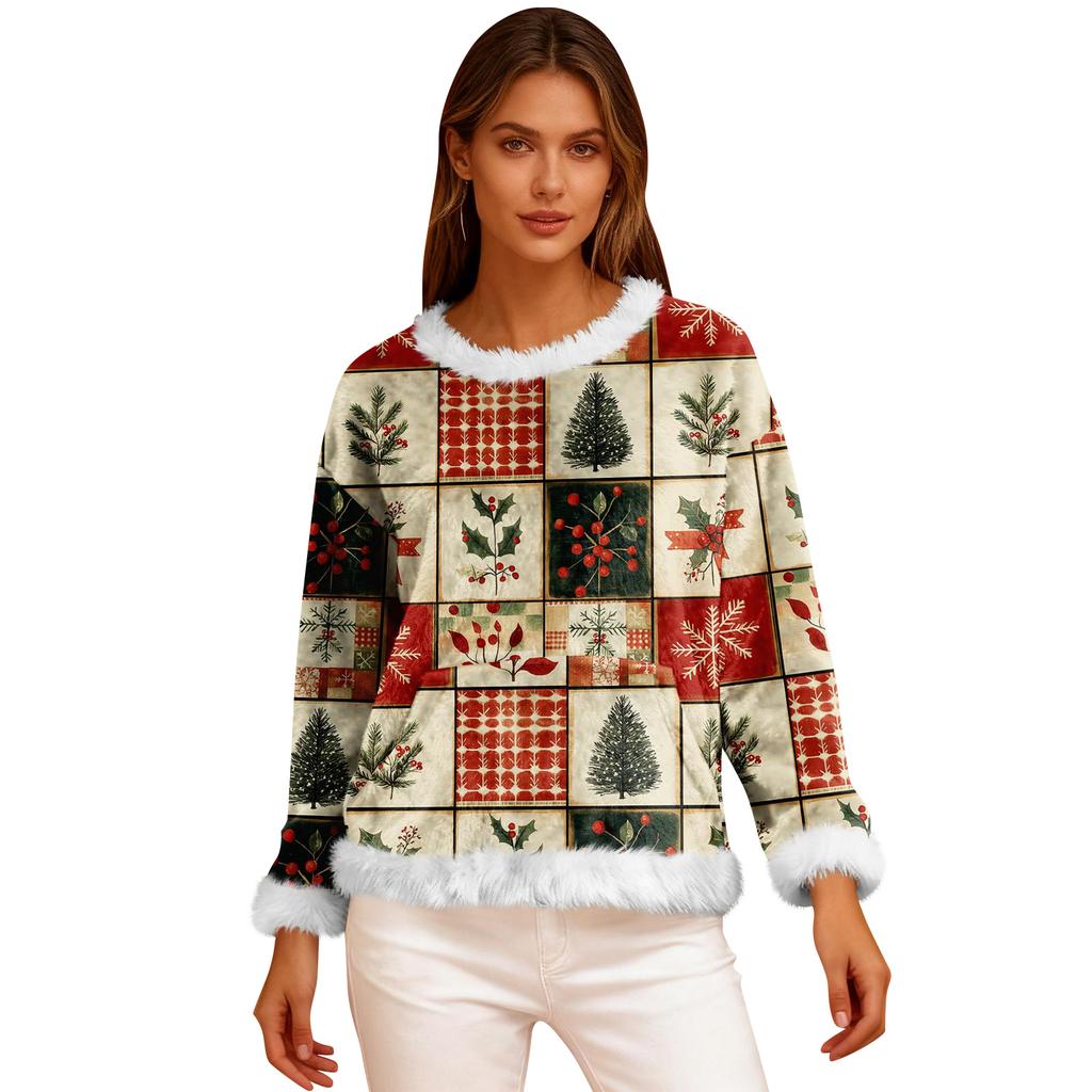 Women's Casual Fleece Sweatshirt  Long-Sleeve Round  Neck Casual Comfortable Loose-Fit Lightweight Women's Flannel Sweatshirt