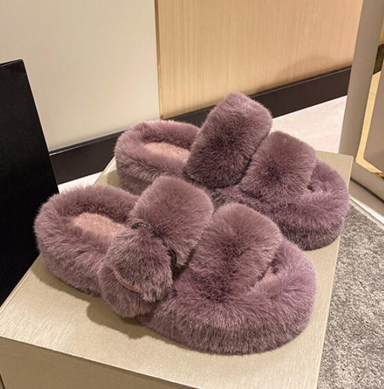Fashion Fairy Girls Fur Pantuflas Women Big Size 42/43 Shoes Winter White Wool Slides Home Flats Platform Loafers Buckle Strap Sandals