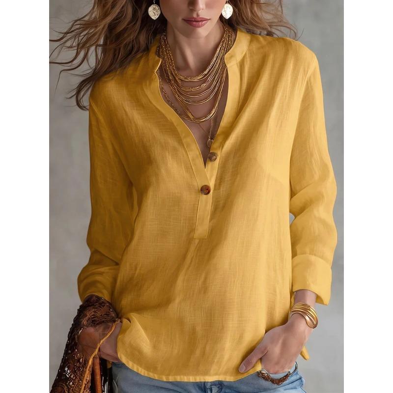 TIFICY Moda feminina casual primavera outono cor sólida estampa manga comprida blusas e camisas