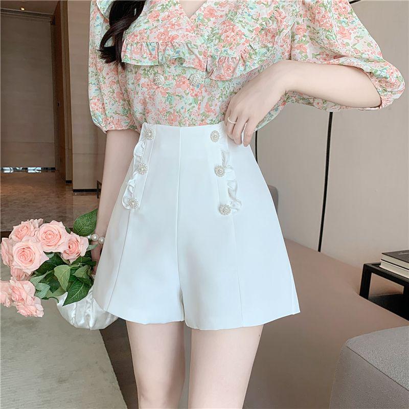 High-Waisted White A-Line Women s Loose Wide-Leg Casual Shorts S