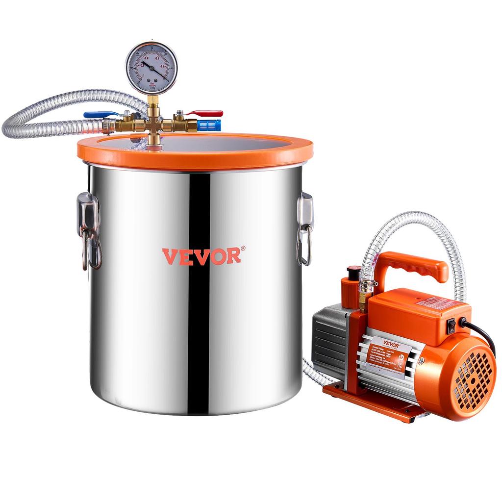 VEVOR 19 litros(5 Galones) Cámara de Vacío y 100 L/min(3.5 CFM) Kit de Bomba, Cámara de Acero Inoxidable, Kit de Cámara de Desgasificación con Bomba de Vacío de Una Etapa
