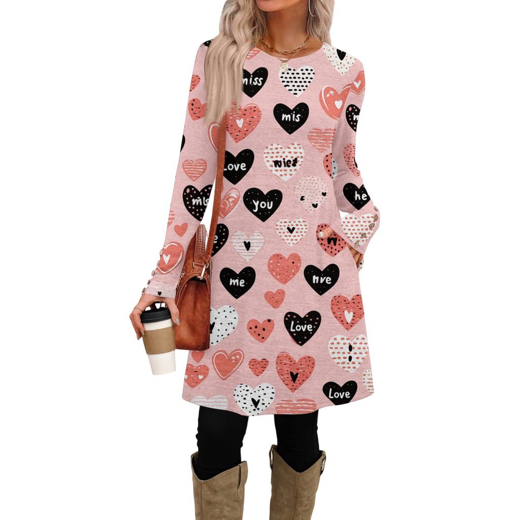 Women's Fashion Casual Pocket Decorative Button Dress Round Neck Long Sleeve Printed Dress