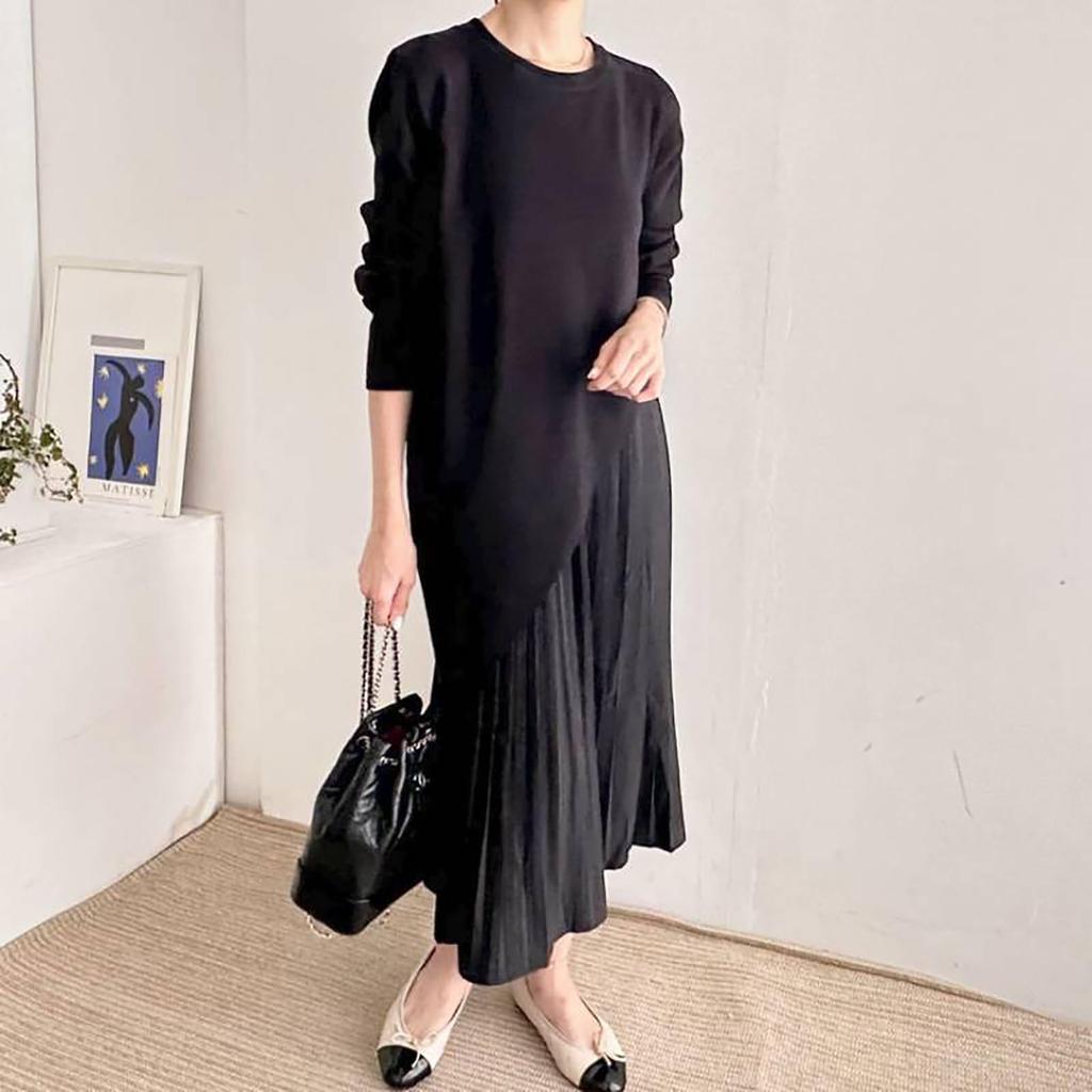 TOWYYO Long Korean Long Round Perfect for Relaxed Fits All Seasons Women's Dress, Style, Simple, Sleeve, Collar, Knit, Pleated, Breathable, Commuting,