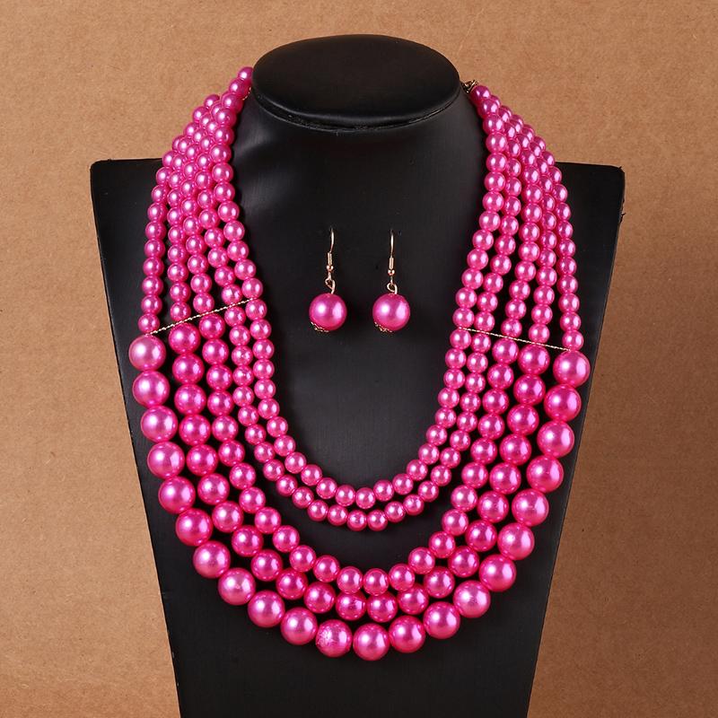 1set Exaggerated Multi-layer Round Beaded Imitation Zircon Necklace and Earrings Zircon Sets Statement Handmade Choker Necklace
