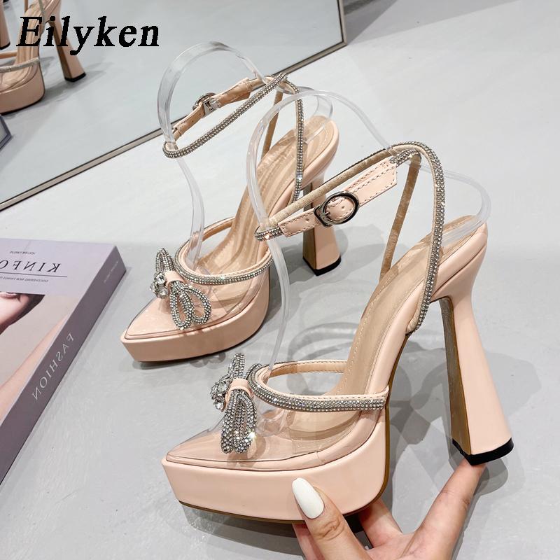 Fashion Eilyken PVC Transparent High Heels Women Pumps Fashion Butterfly-knot Crystal Pointed Toe Platform Chunky Party Prom Shoes