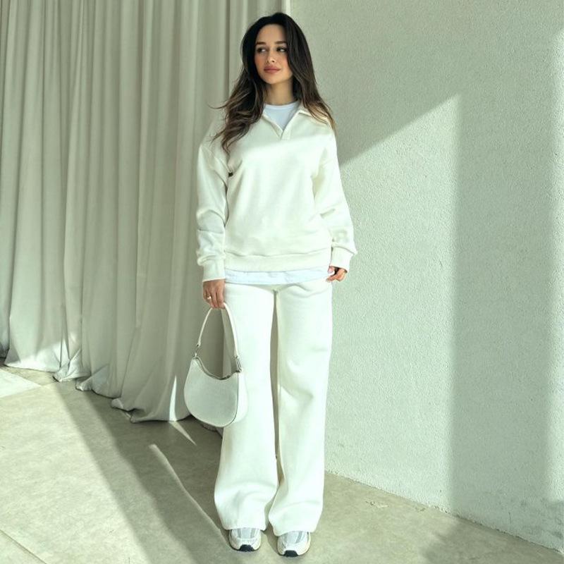 New Solid Color Long-Sleeve Polo Collar Top with Pocket Straight-Leg Pants Set for Cross-Border Amazon Cross-Border Wear on Amazon Europe XS белый