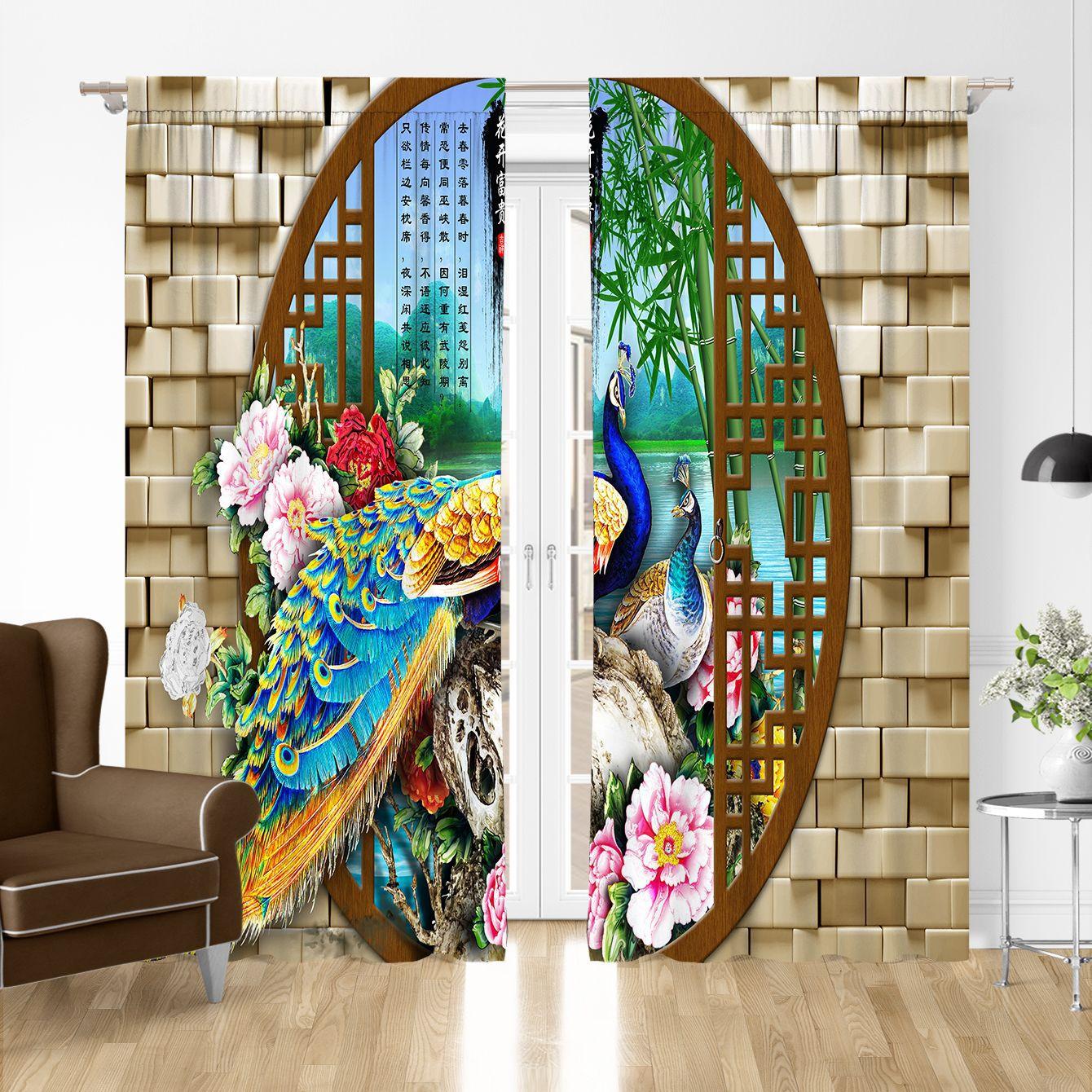 

Синий павлин с цветком павлина оконные шторы для гостиной роскошный разделитель спальни левый и правый 2 панели W65X60H(cm)X2Pcs&Grommet Top