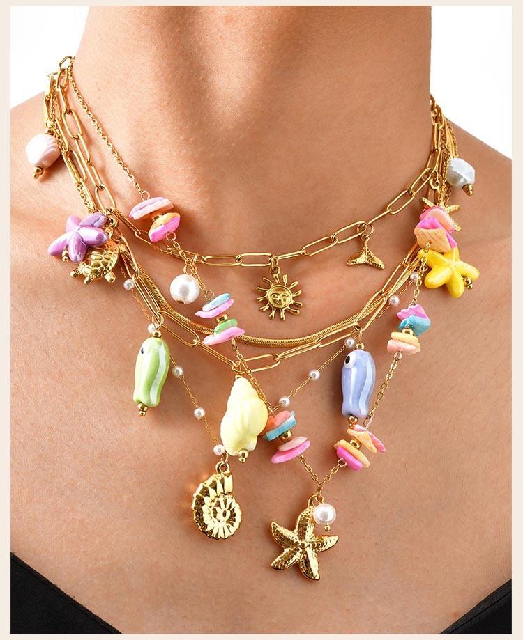 Sea Shell Necklace for Women, Summer Beach Conch Starfish Charms, Stainless Steel Surfer Jewelry, Ocean Themed Gift