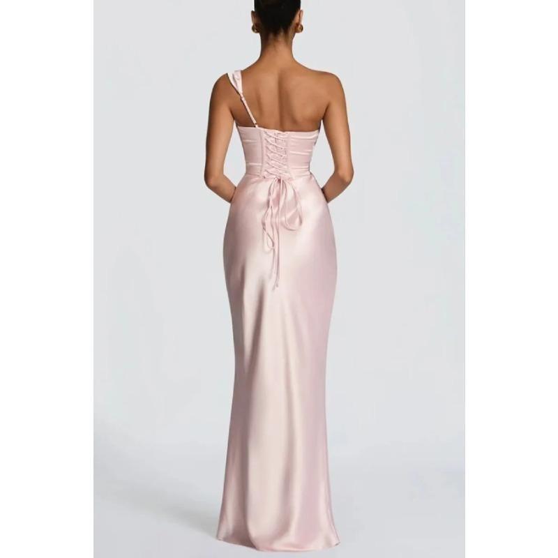 Fashion Women's Satin One Shoulder Long Dress Bandage Pleated Backless Sleeveless Dresses Summer Lady Party Evening Robes New
