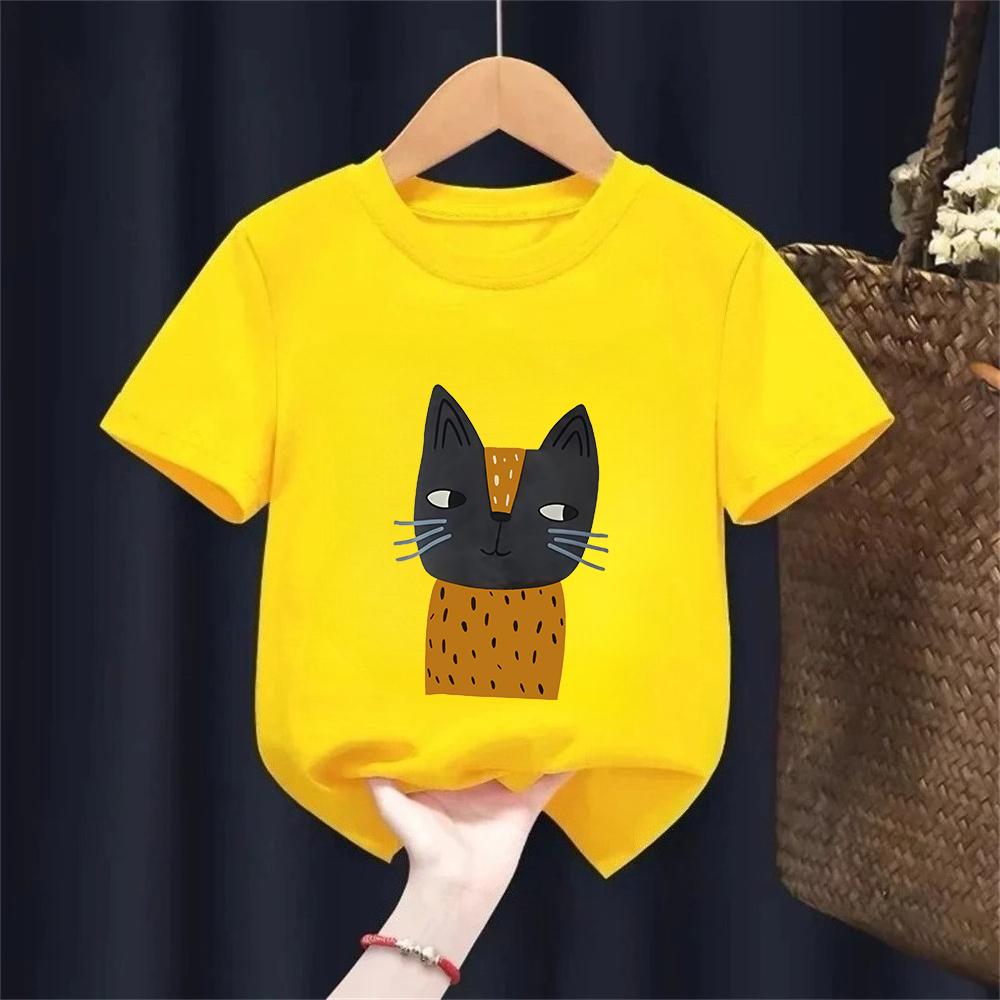 Summer New Chic HandPainted Cat Printing Tshirt Kids Fashion Pure 100Cotton Short Sleeve Basic Tees Casual BoysGirls Tops