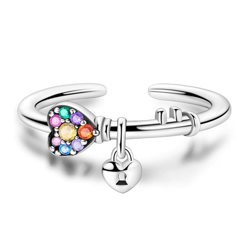 Original 925 Sterling Silver Sparking Heart Shape Lock Open Rings For Women Girls Jewelry Birthday Anniversary GiftsGood product