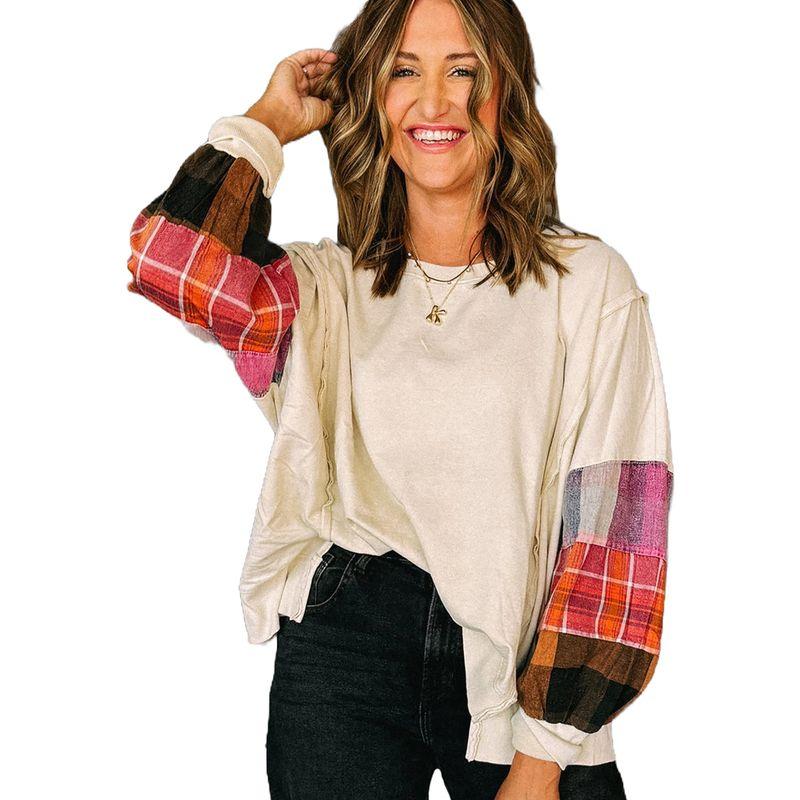 American Shiying Plaid Patchwork Long sleeve Top Women 2025 Autumn and Winter New Loose Contrast Color round Neck Knit