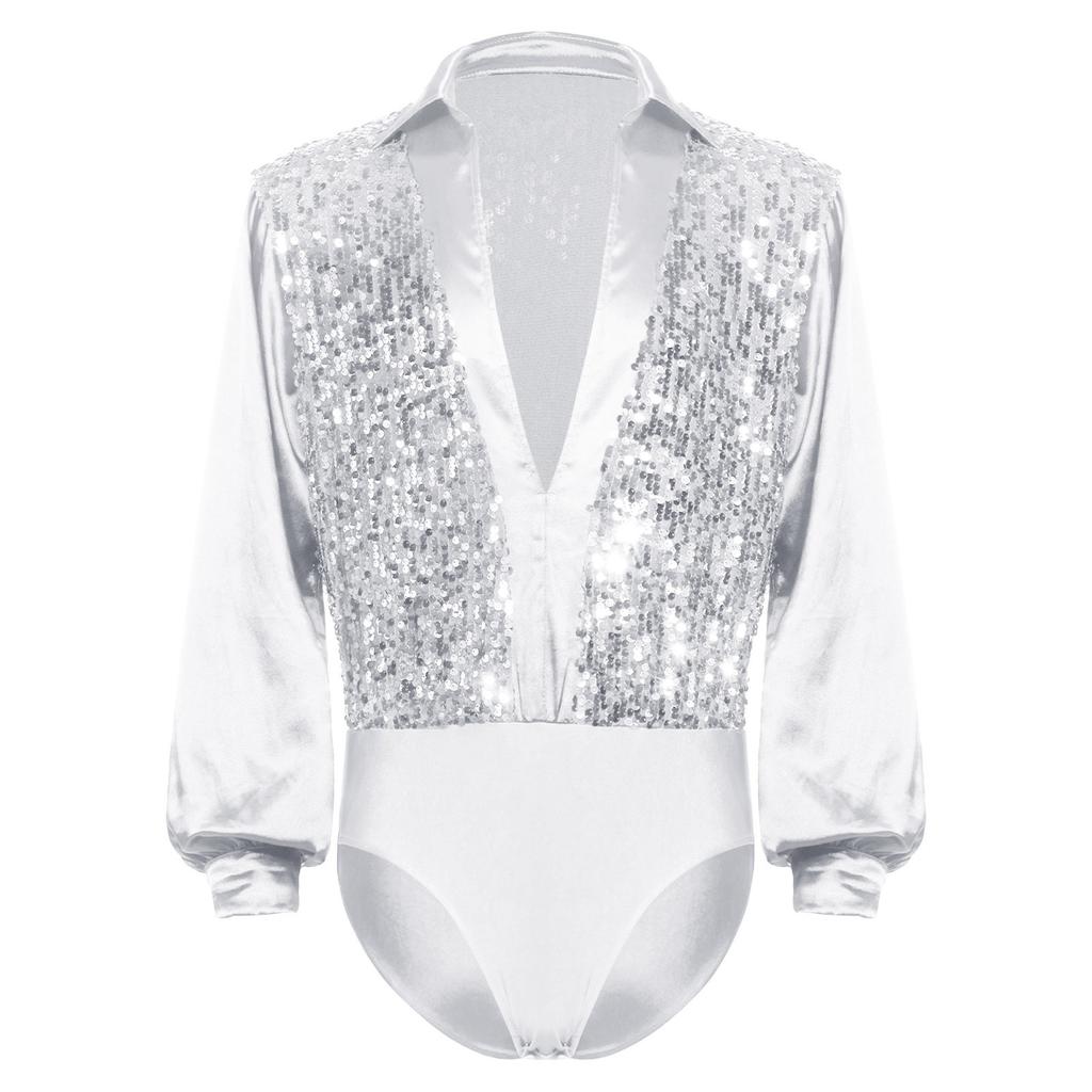 Mens Latin Ballet Dance Bodysuit Glittery Sequined Bodice V Neck Satiny Long Sleeves Buttoned Crotch Leotard