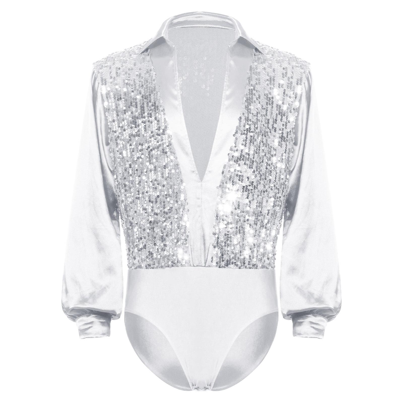 

Mens Latin Ballet Dance Bodysuit Glittery Sequined Bodice V Neck Satiny Long Sleeves Buttoned Crotch Leotard S білий