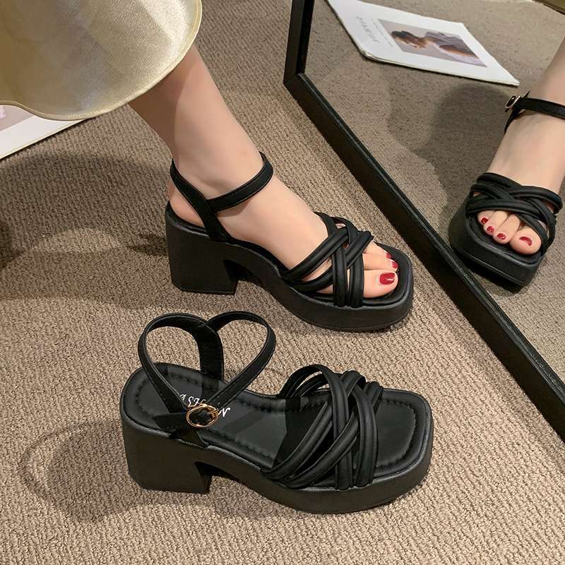 Coarse Heel Roman Sandals Women's 2025 New Summer Fashion Casual Women's Shoes Waterproof Table Wedge Heel High Heels Foreign Style