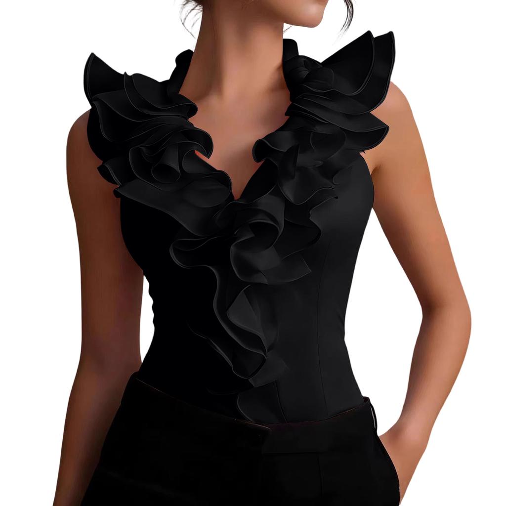 Women's Ruffle Detail Sleeveless Blouse V Neck Layered Ruffled Front Shirt Top Elegant Design Slim Fit