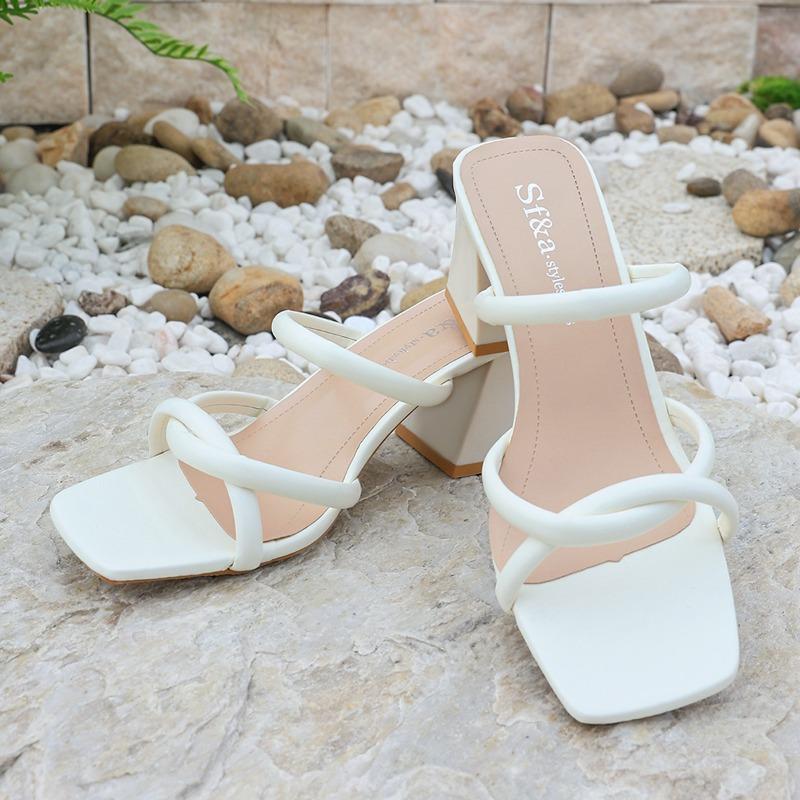 Thick Heel Square Head One-word Slippers Women's Summer New Simple Temperament High Heel Cool Slippers