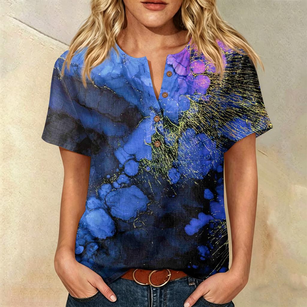 Women Casual Printed Henley Neck Button Front Pocket Short Sleeve Linen Cotton Shirt Blouse Top for Summer