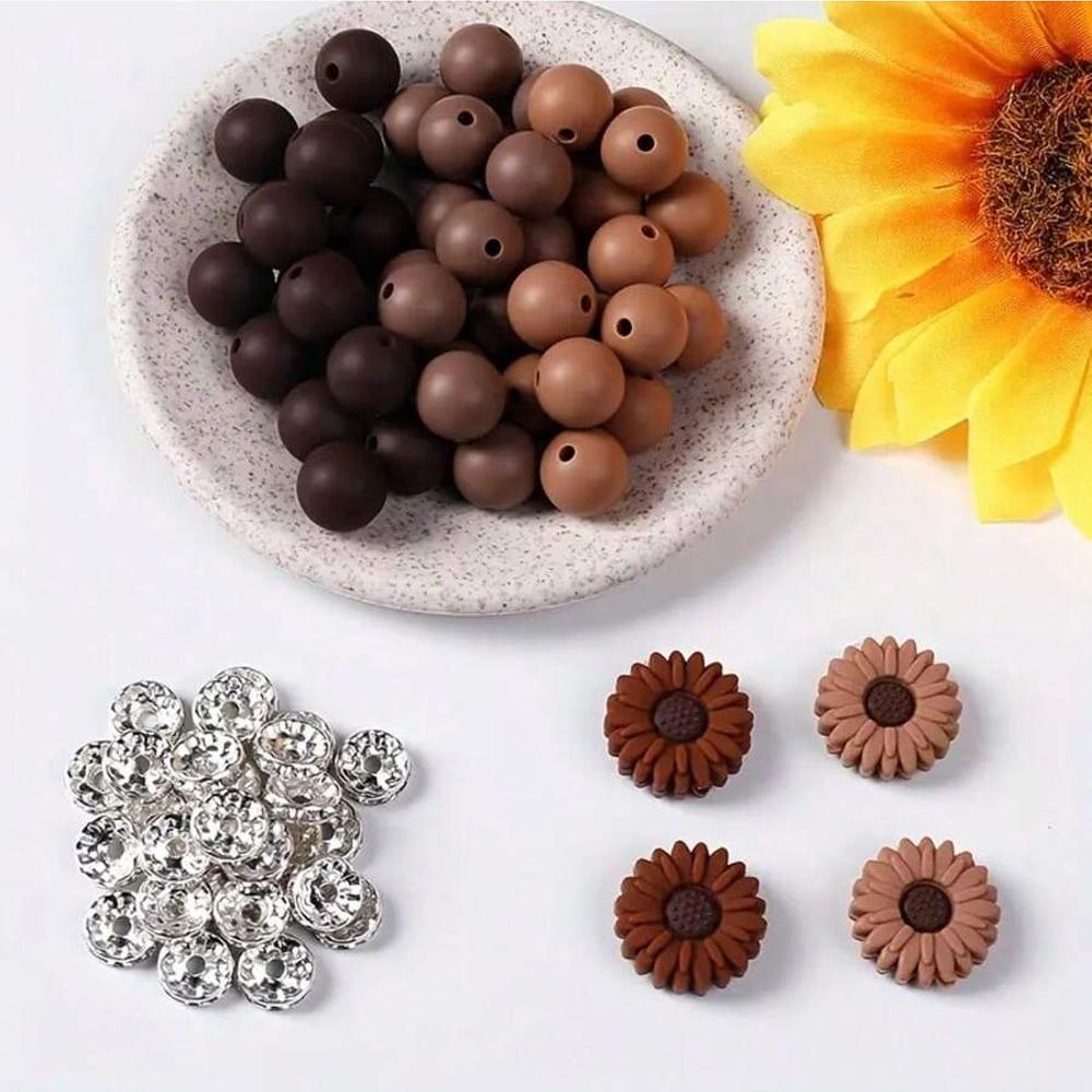 

73/79PCS daisy silicone beads, 12/14/15mm round printed silicone beads in bulk, DIY keychain bracelet jewelry making