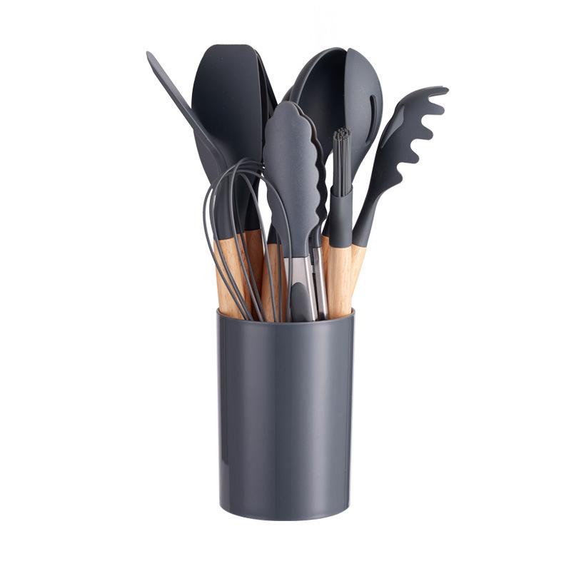 12-Piece Non-Stick Silicone Kitchen Utensil Set with Wooden Handles - High-Temperature Resistant Spoons and Spatulas