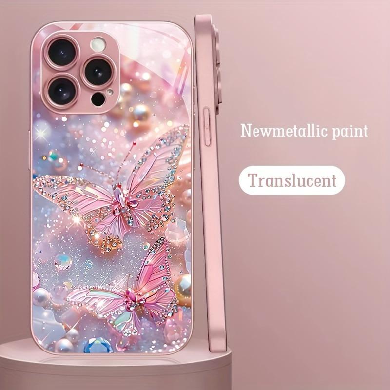 Luxury Butterfly Pearl Pattern Pink Metallic Paint Glass Phone Case For iPhone 11 12 13 14 15 16 17 Pro Max Plus 16E 17Air Cover