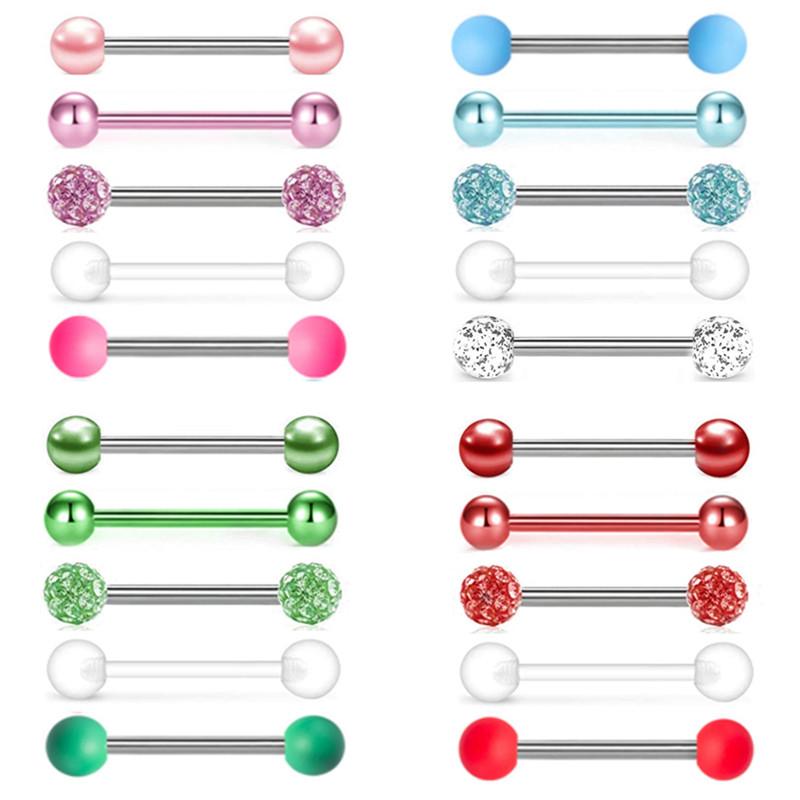 5PCS Acrylic Tongue Piercing Barbell Set Stainless Steel Glitter Tongue Rings Lot 14G Nipple Piercing Bar Bulk Piercing Langue