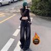 American Retro Velvet-Lined Wide-Leg High-Waist Women's Jeans for Autumn & Winter